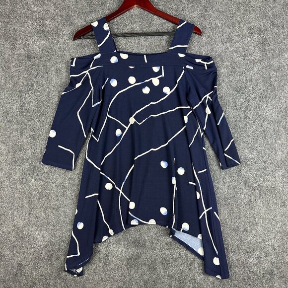 Clara Sun Woo Top Womens Small Blouse Blue Print 3/4 Sleeve Cold Shoulder - Picture 1 of 5